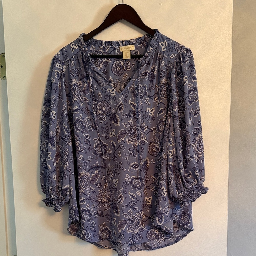 Cynthia Rowley Floral V-Neck Blouse - Navy